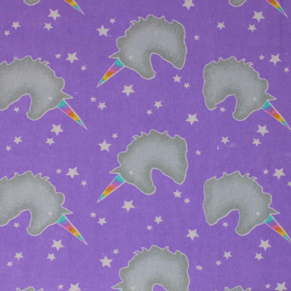 Square swatch unicorns flannel fabric (lavender purple fabric with small tossed grey unicorn head silhouettes with rainbow coloured horns, tossed small and medium white stars)