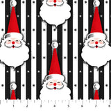 Flat swatch santa stripes fabric (black and white vertical striped fabric with alternating colour stars and large cartoon style Santa heads)