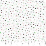 Flat swatch sparkle fabric (white fabric with red and green metallic effect dots allover and faint grey star shapes behind)