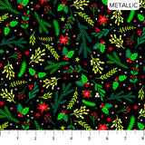 Flat swatch mistletoe toss fabric (black fabric with tossed red and green holly and poinsettia floral heads, tossed greenery and branches allover with a metallic effect)
