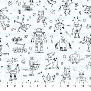Group swatch assorted Rollicking Robots themed fabrics in various styles/colours