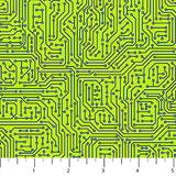 Square swatch Computer fabric (lime green fabric with blue computer circuit look lines and hollow circles allover)