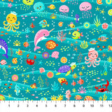 Square swatch Mermaid Playground fabric (teal underwater themed fabric with tossed full colour cartoon sea creatures with smiles: crabs, whales, octopi, etc.)