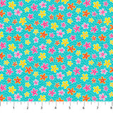 Square swatch Floral fabric (teal fabric with white line ticks allover and tossed pink, orange and yellow floral heads)