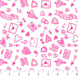 Square swatch Love Doodles fabric (white fabric with pink drawn style doodles allover relating to love and valentine's day)