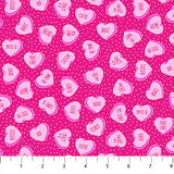 Square swatch Flirty Hearts fabric (hot pink fabric with light pink tiny dots allover and tossed pink hearts with text like "cute" "miss u" etc on them)