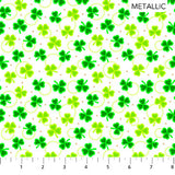 Square swatch Love o’ the Irish fabric (white fabric with tossed light and dark green shamrocks with metallic gold circles and dots in background)
