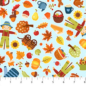 Autumn in the Air - Toss square swatch (mint fabric with tossed cartoon fall/autumn related emblems allover: scarecrow, leaves, apples, tea pots, etc.)