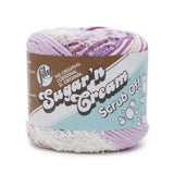 Ball of Scrub Off yarn in shade pretty purple (white, light to dark purple shades)