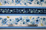 Flat swatch Stripe fabric (white and dark blue stripes separated by thin light blue stripes all with blue and white floral within and tossed yellow insects)