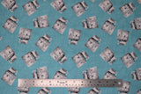 Flat swatch homemade themed printed fabric in stoves (old fashioned white/silver stove on blue with white dots)