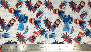 Group swatch of cartoon superhero kids print pattern in various colours