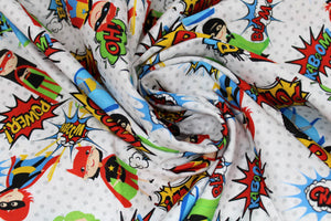 Group swatch of cartoon superhero print pattern in various colours
