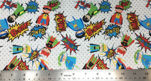 Group swatch of cartoon superhero kids print pattern in various colours