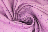 Swirled swatch silver/black and white hearts printed fabric in light lilac (light purple)