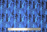 Flat swatch shark printed fabric in shark camo (black and blue coloured sharks in camo pattern on blue)