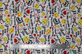 Flat swatch White fabric (white fabric with busy tossed design of black "Thank you" text in various styles/fonts, tossed yellow smiley faces some with red heart eyes, and tossed hearts and heart outlines in red)
