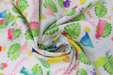 Swirled swatch Drinks White fabric (white fabric with tossed illustrative style drinks/tropical cocktails with tossed flowers and leaves and drink names in fun colours "Mimosa" "Daiquiri" etc)