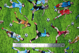 Flat swatch Womens Soccer fabric (green grass fabric with women soccer players allover and tossed soccer balls)