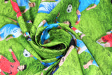 Swirled swatch Mens Soccer fabric (green grass fabric with tossed male soccer players and tossed soccer balls)