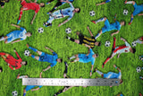 Flat swatch Mens Soccer fabric (green grass fabric with tossed male soccer players and tossed soccer balls)