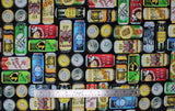 Flat swatch Cans fabric (assorted tallboy style beercans allover)
