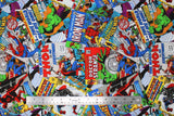 Flat swatch Layered Comics fabric (illustrative style full colour collaged comic book covers with marvel characters)