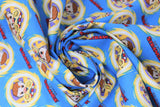 Swirled swatch Dr. Strange marvel kawaii printed fabric (Dr. in badge yellow badge with small red text on blue)