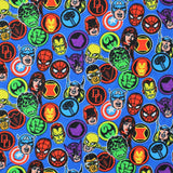 Square swatch Marvel Hero Stickers fabric (blue fabric with tossed marvel themed badges allover: character heads, character symbols, etc.)