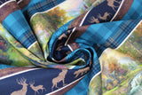 Swirled swatch Stripe fabric (stripes of nature themed pattern: black with neutral coloured animal silhouettes, blue plaids, wood grain look, green nature scene)