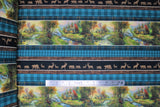 Flat swatch Stripe fabric (stripes of nature themed pattern: black with neutral coloured animal silhouettes, blue plaids, wood grain look, green nature scene)