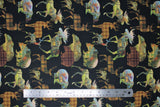 Flat swatch Animals fabric (black fabric with moose, deer and bear silhouettes with plaid or nature scenes within)