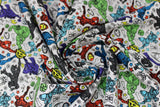 Swirled swatch licensed Avengers (Marvel) doodle style fabric in Avenger Doodle Team (full characters and multi logos on white)