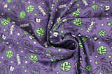 Swirled swatch licensed Avengers (Marvel) doodle style fabric in Hulk Doodle Angry (doodle heads, fists, and text in green and white on purple)