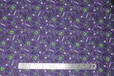 Flat swatch licensed Avengers (Marvel) doodle style fabric in Hulk Doodle Angry (doodle heads, fists, and text in green and white on purple)