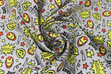 Swirled swatch licensed Avengers (Marvel) doodle style fabric in Ironman Doodle Suit (doodle suit heads, text, stars in yellow and red on grey)