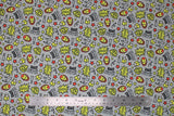 Flat swatch licensed Avengers (Marvel) doodle style fabric in Ironman Doodle Suit (doodle suit heads, text, stars in yellow and red on grey)