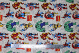 Flat swatch Superimposed Characters fabric (white/grey subtle distressed look fabric with full colour illustrative style marvel comic book characters and marvel comics logo)