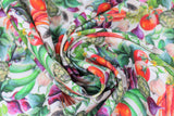 Swirled swatch vegetable printed fabric (white fabric with vegetable collage: tomatoes, carrots, cucumbers, artichokes, radishes, onions, mushrooms)