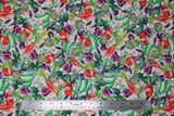 Flat swatch vegetable printed fabric (white fabric with vegetable collage: tomatoes, carrots, cucumbers, artichokes, radishes, onions, mushrooms)