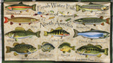 Full panel swatch - Fresh Water Fish Panel - (45" x 24") (rectangular panel with pale beige background with subtle crossing white and orange fishing rods background, black border and "Fresh Water Fish of North America" text, large coloured fish with labels)