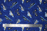 Flat swatch Tossed Vehicles fabric (textured look blue fabric with tossed illustrative style police vehicles: cars, motorcycles, boats, helicopters, etc.)