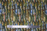 Flat swatch Stacked fabric (tightly packed/stacked collage of full colour lake fish in various styles)