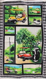 Full panel swatch - Golf Panel (45" x 23") (white border with black and grey argyle print, 8 golf related graphics within: carts, shoes, clubs, holes, etc. in illustrative style)