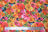 Flat swatch chintz fabric (navy blue with heavy tossed floral heads and greenery in yellow, orange, red, pink, blue flowers)