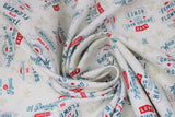 Swirled swatch family & flowers are everything fabric (white fabric with pale beige greenery shapes and tossed red and blue text logos reading "family & flowers are everything" and "love grows best in the home")