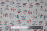 Flat swatch family & flowers are everything fabric (white fabric with pale beige greenery shapes and tossed red and blue text logos reading "family & flowers are everything" and "love grows best in the home")
