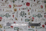 Flat swatch Give Thanks fabric (white fabric with subtle grey stripes - barnboard look, with tossed floral, insects and jars with greenery and floral, "give thanks" "happiness is homemade" etc. text)