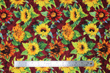 Flat swatch Burgundy Sunflowers fabric (burgundy fabric with large tossed yellow, orange and red realistic look sunflowers)