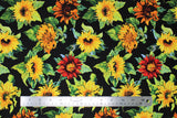Flat swatch Black Sunflowers fabric (black fabric with large tossed yellow, orange and red realistic look sunflowers)